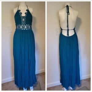 Halter crochet Teal Backless cutout Maxi Dress tie back knit nwt bohemian flowy